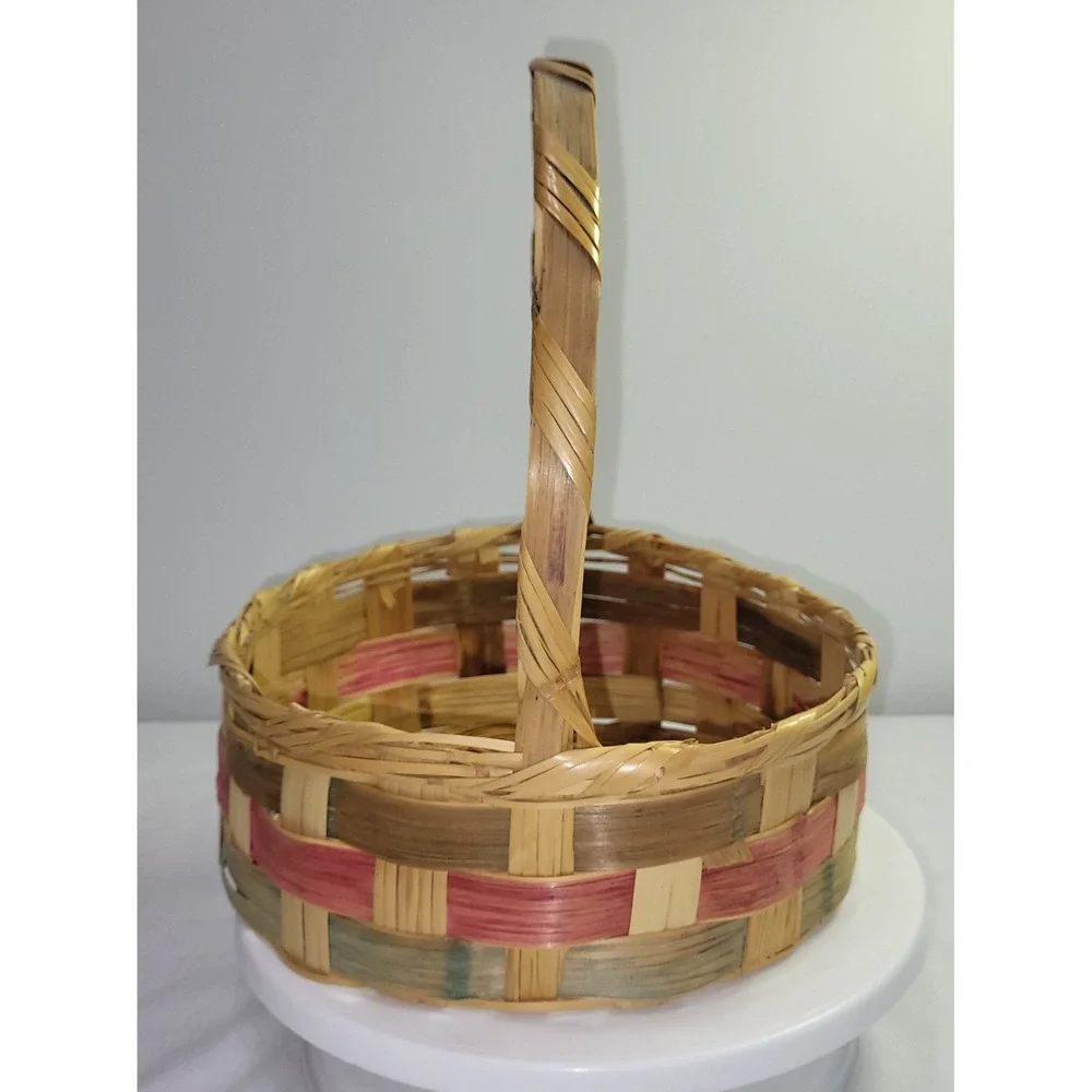 Vintage Woven Easter Basket Round Splint Wood Pink Green Accent Handle